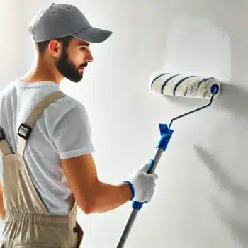 artisan peintre professionnel en action, peignant un mur blanc lumineux avec un rouleau. L'artisan porte une tenue de travail et la scène est propre et bien éclairée, symbolisant le professionnalisme et l'expertise.