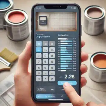 Un écran de calculateur en ligne affichant des options pour travaux de peinture. L'interface est claire, avec des champs pour saisir les dimensions de la surface, choisir le type de peinture, et une estimation visible. Le design est moderne et épuré.