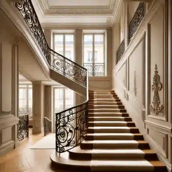 Découvrez une cage d’escalier rénovée dans un immeuble parisien, avec des murs en stucco beige, des rampes en bois poli, des balustrades en fer forgé ornementé, et des marches recouvertes de moquette luxueuse. Une lumière naturelle sublime les détails architecturaux, alliant modernité et charme parisien classique.