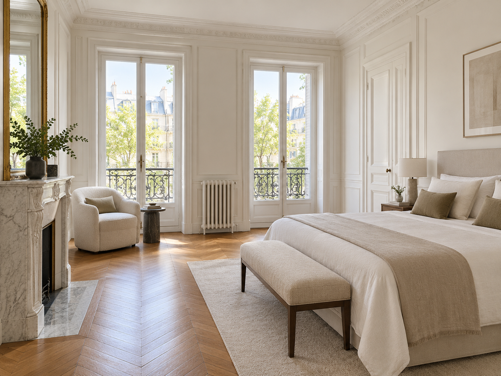 Rénovation peinture et parquet d’un appartement à Paris 8e 2 Chambre elegante apres renovation