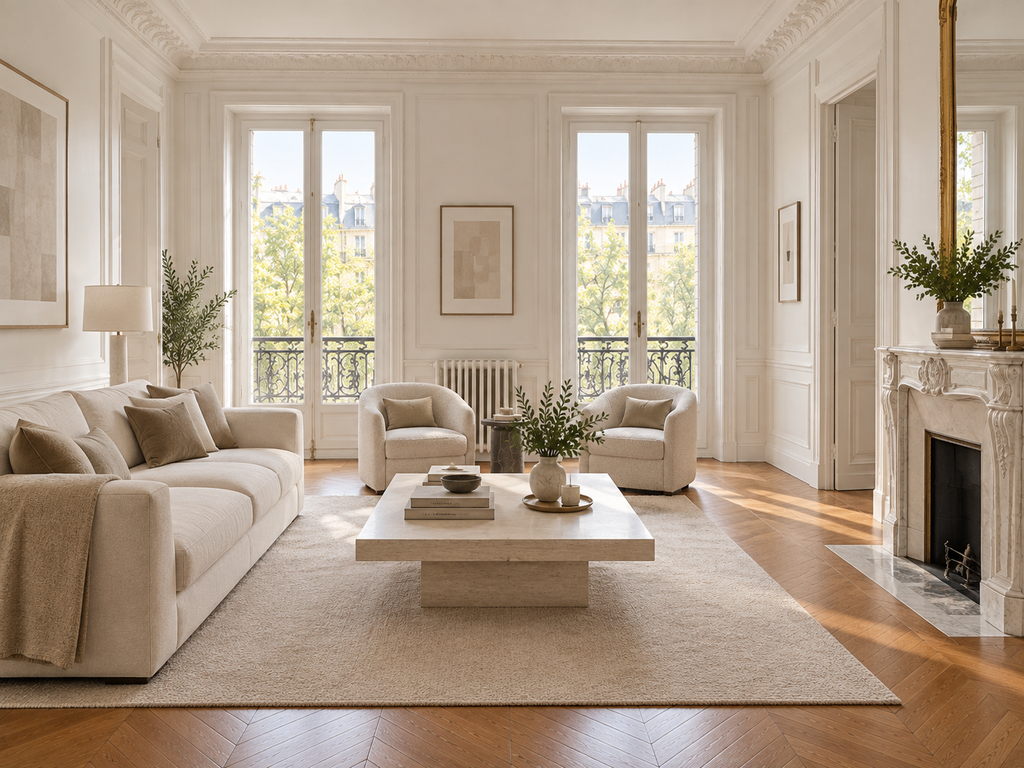 Rénovation peinture et parquet d’un appartement à Paris 8e 1 Salon parisien lumineux et raffine