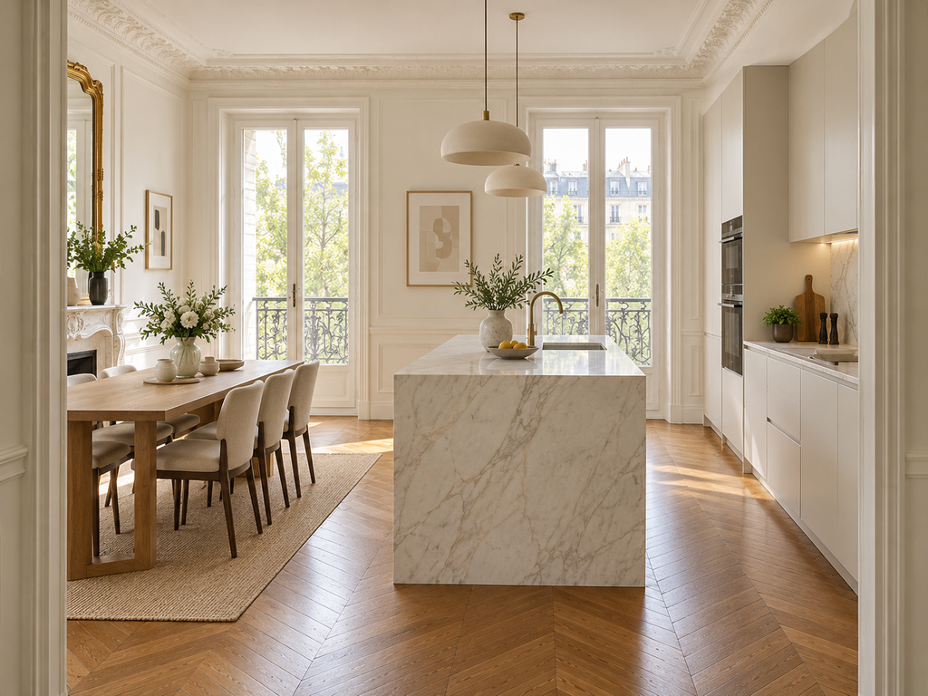 Rénovation peinture et parquet d’un appartement à Paris 8e 3 cuisine elegante apres renovation
